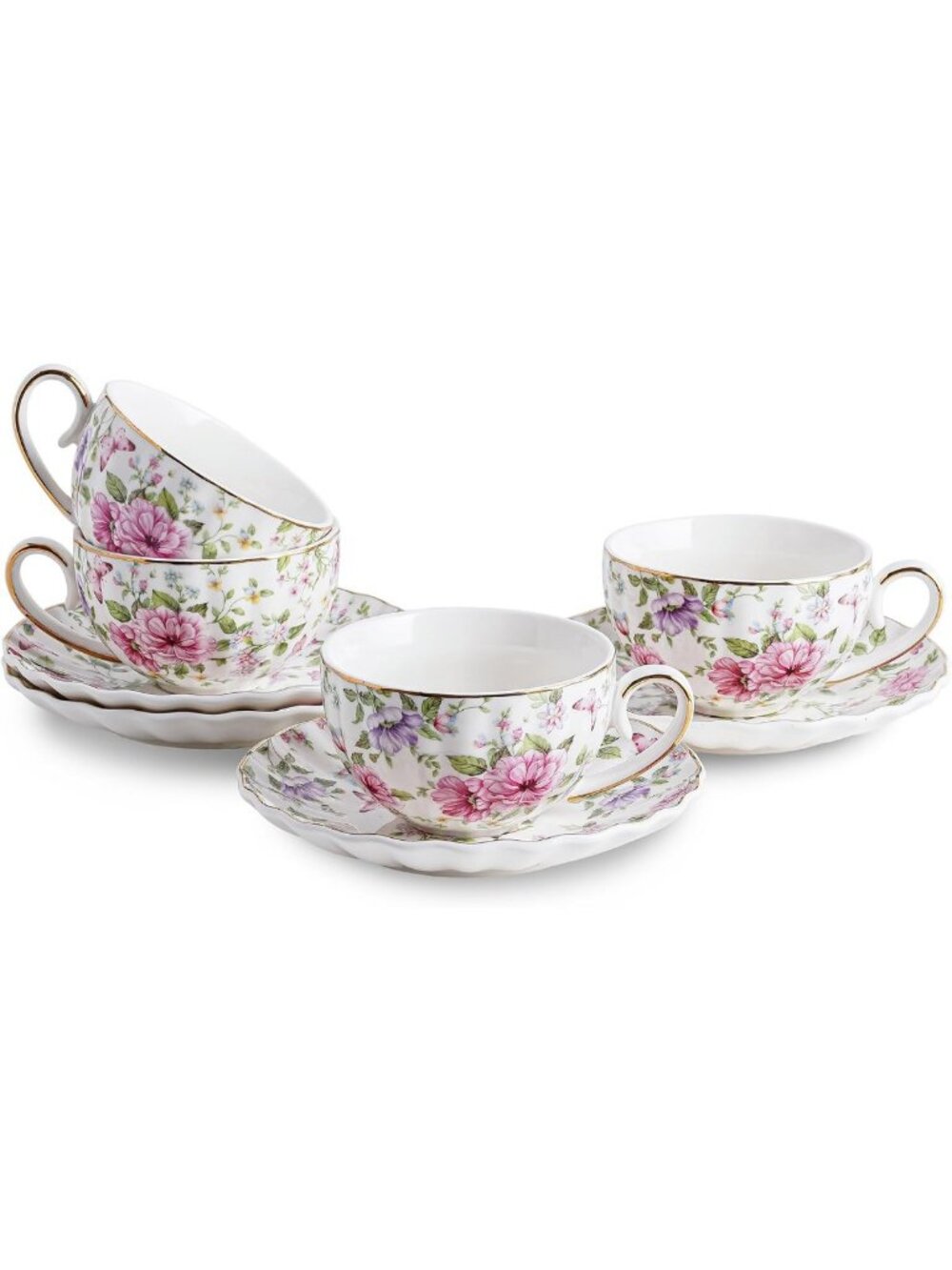 Floral Tea Cups with Gold Trim - 6.4oz Coffee, Cappuccino, Espresso Mugs for